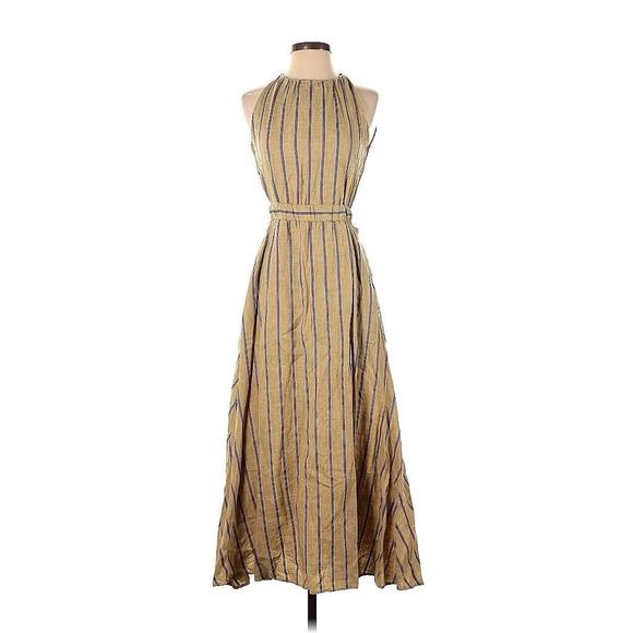 Sandro Tan Linen Blend Talia Striped Midi Sleeveless Dress EU 34 US 2 - Picture 2 of 4